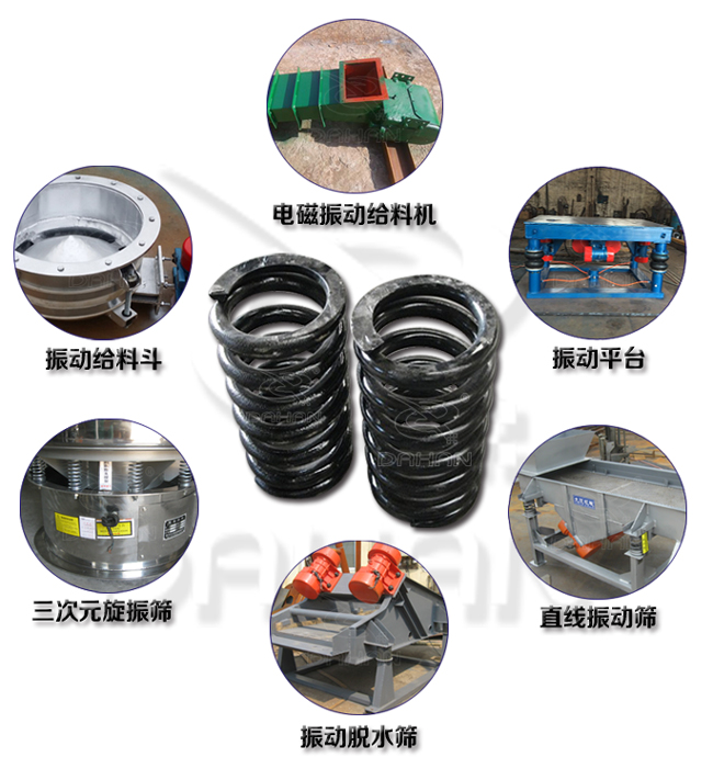 旋振篩減震彈簧適用產品：振動給料機，電磁振動給料機，振動平臺，直線振動篩，振動脫水篩，三次元旋振篩。