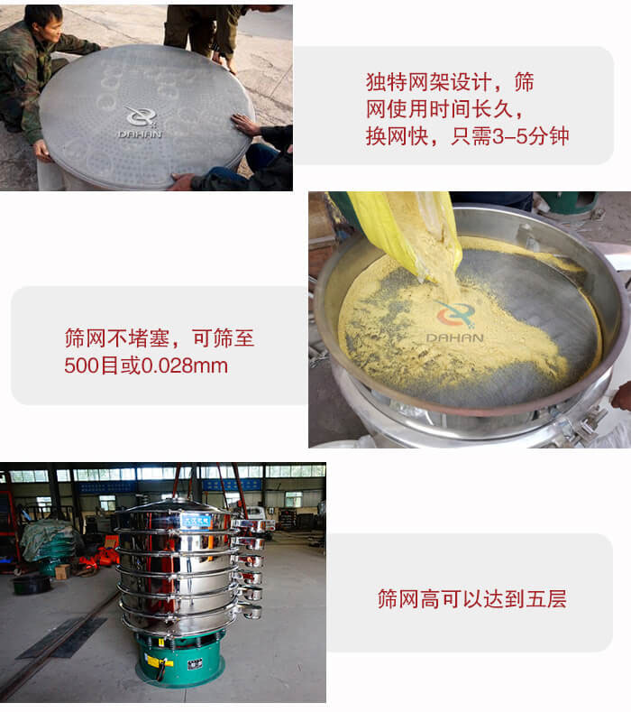 三次元振動篩的特點：篩網使用時間長換讓時間短，篩網不堵塞，可篩至500目或0.028mm。
