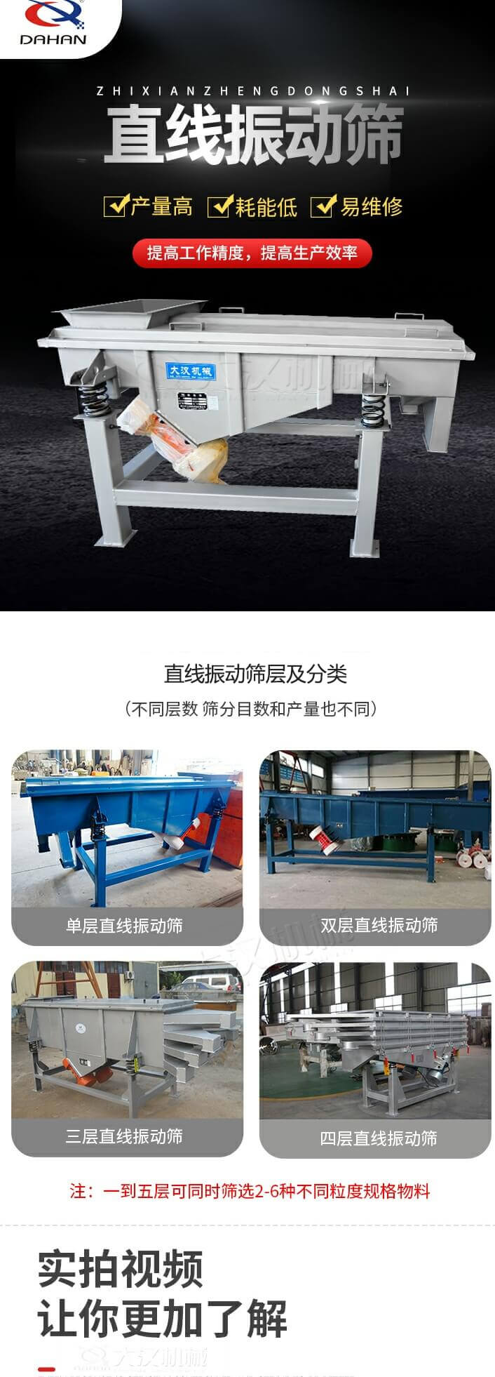 直線振動(dòng)篩概述，產(chǎn)量高，耗能低，易維修，提高工作精度，提高生產(chǎn)效率，直線振動(dòng)篩層級(jí)分類：不同層數(shù)，篩分目數(shù)和產(chǎn)量也不同：單層，雙層，三層，四層等。